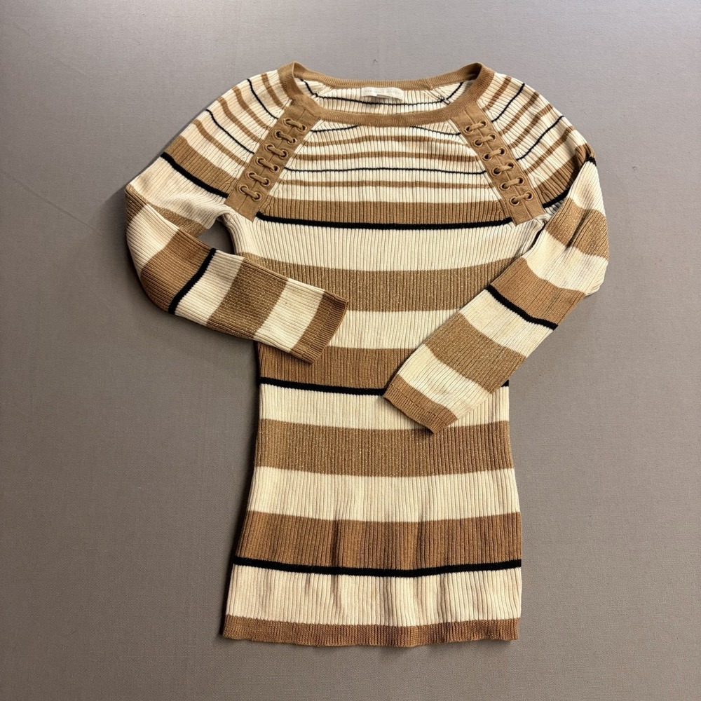 New York & Company Womens S Striped Lace Up Ribbed Sweater Metallic 990111